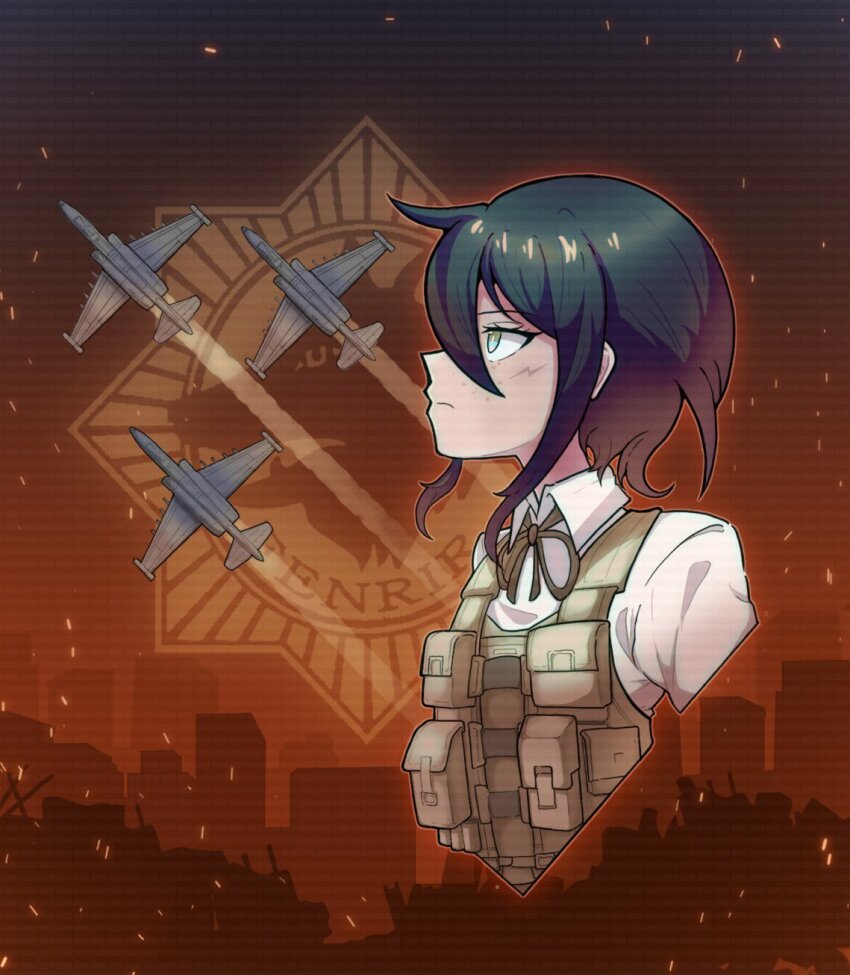 1girl aircraft airplane brown_eyes collared_shirt cropped_torso danganronpa:_trigger_happy_havoc danganronpa_(series) embers from_side frown hair_between_eyes highres ikusaba_mukuro jet looking_up military_vehicle neck_ribbon profile red_background red_ribbon ribbon shirt short_hair solo soshu_(soshuscribbles) su-25 vest white_shirt