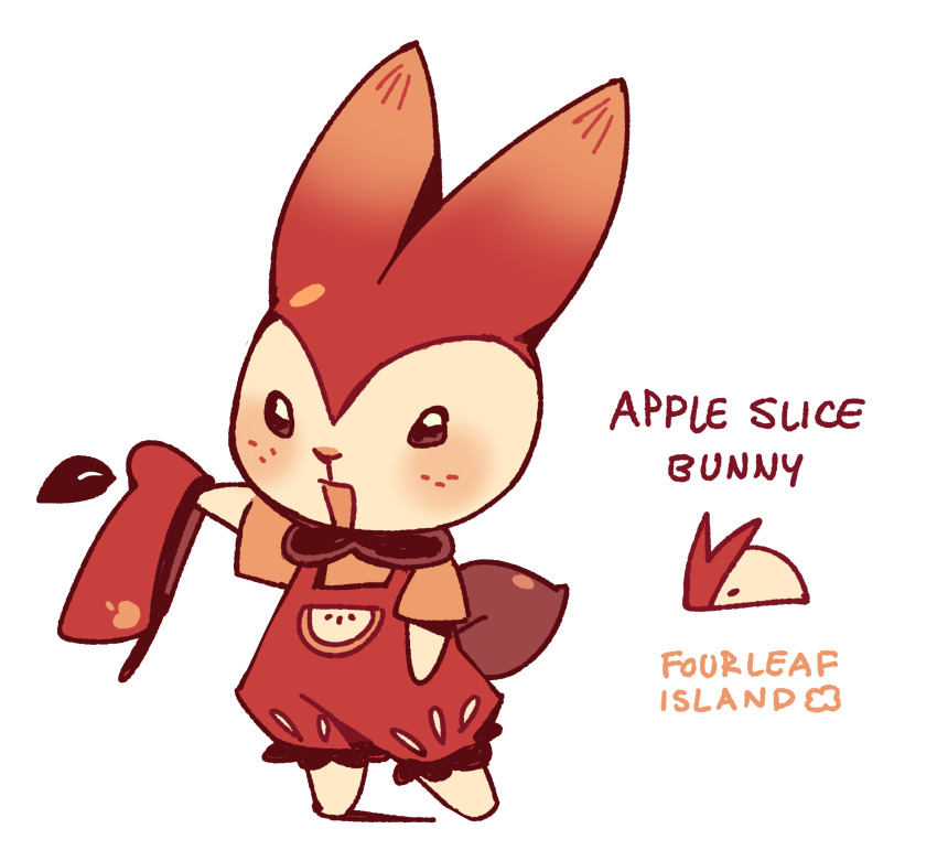 1other absurdres androgynous animal_ears apple apple_rabbit artist_name chibi chibi_only chibikemo english_text food food-themed_creature food_art fourleafisland freckles fruit full_body furry hat highres holding holding_unworn_clothes holding_unworn_hat open_mouth original other_focus overalls rabbit_ears rabbit_tail red_hat red_overalls simple_background standing tail unworn_hat unworn_headwear white_background