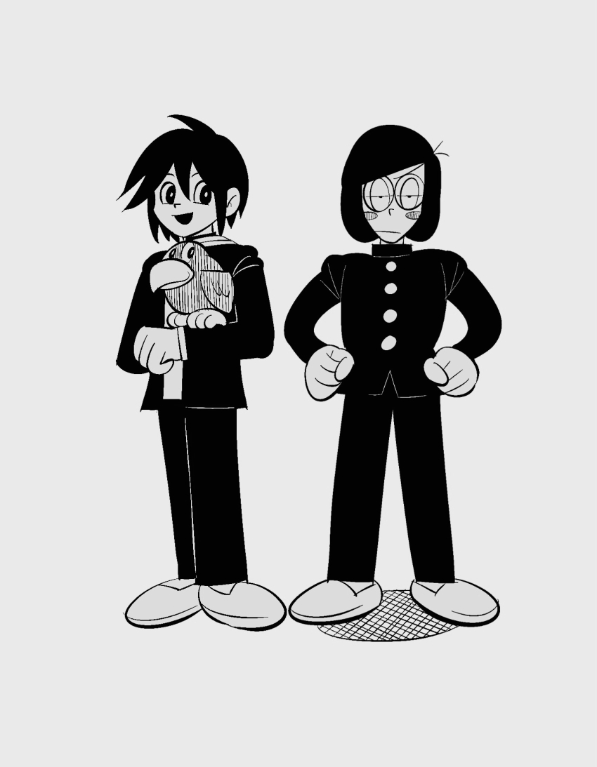 2boys aged_down animal animal_on_arm bird bird_on_arm dream_luther gakuran glasses grey_background greyscale hands_on_own_hips highres looking_at_viewer luther_von_ivory male_focus monochrome multiple_boys randal&#039;s_friends round_eyewear school_uniform short_hair simple_background standing tel_(tl_358) tsukada_satoru