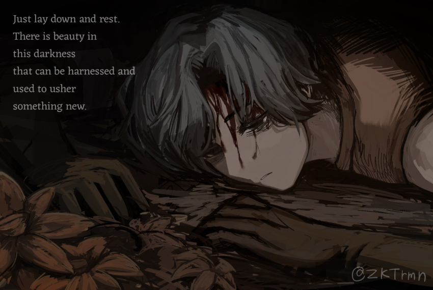 1boy bleeding blood brown_gloves cahara_(fear_&amp;_hunger) dying english_text fear_&amp;_hunger fear_&amp;_hunger_(series) fear_&amp;_hunger_1 gloves grey_hair half-closed_eyes highres lying male_focus on_ground on_stomach parted_lips sleeveless solo spoilers twitter_username zokukotsu_ramen