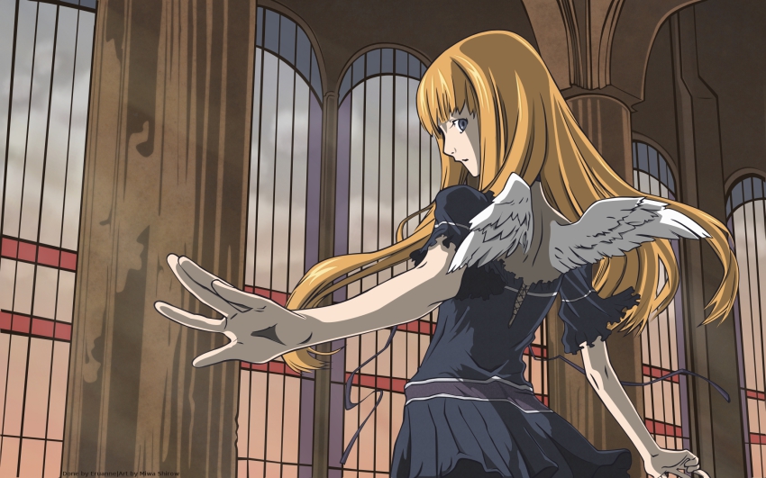 1girl blonde_hair church cloud dog dogs:_bullets_&amp;_carnage female_focus from_behind highres indoors long_hair looking_back nill sky solo standing