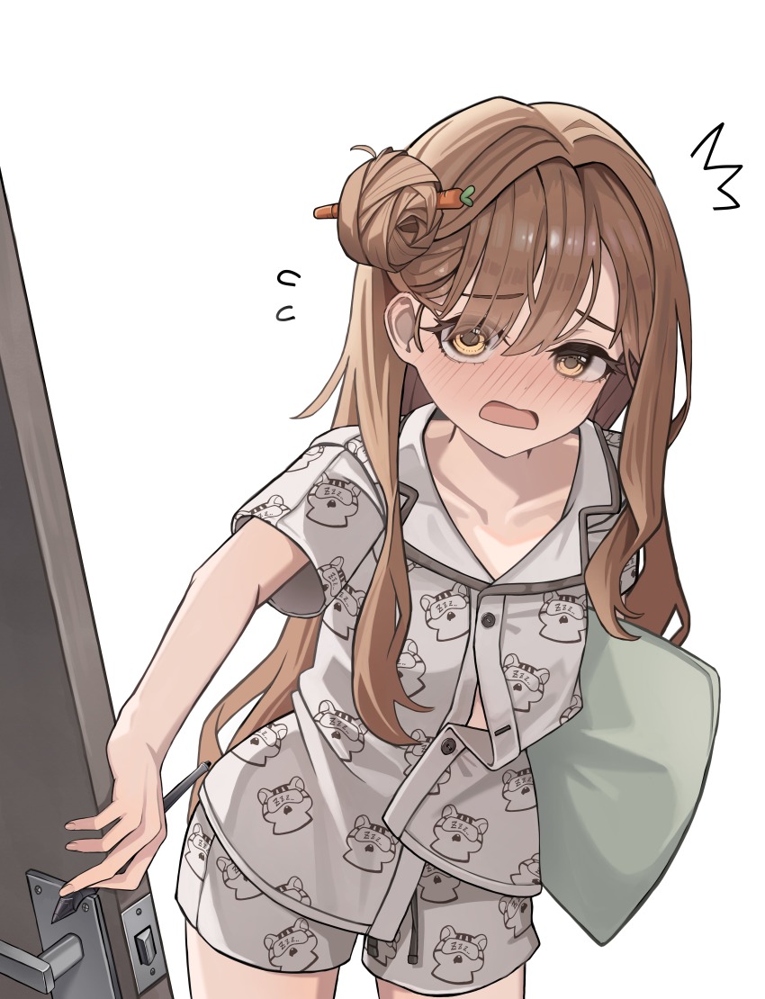 1girl absurdres black_survival blush brown_eyes brown_hair collarbone commentary cowboy_shot door english_commentary eternal_return:_black_survival fingernails grey_pajamas hair_between_eyes hair_bun highres holding holding_pill ies_0 long_bangs long_hair nose_blush open_mouth pajamas parted_bangs print_pajamas raised_inner_eyebrows short_shorts short_sleeves shorts simple_background single_side_bun solo standing tia_(black_survival) very_long_hair white_background