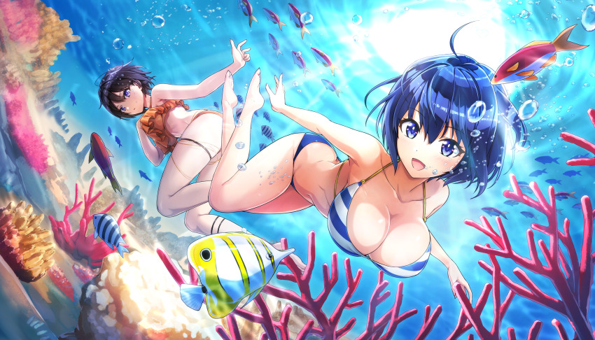 2girls :d air_bubble animal ass bare_arms bare_legs bare_shoulders barefoot bikini black_hair blue_bikini blue_eyes blue_hair bob_cut breasts bubble butt_crack butterflyfish cleavage collarbone commentary_request coral coral_reef day dolphin_wave dutch_angle fish freediving frilled_bikini frills game_cg hair_between_eyes halterneck hand_on_own_chest hand_up highres large_breasts light_blush looking_at_animal looking_back multiple_girls non-web_source ocean official_art ootomo_takuji open_mouth orange_bikini outstretched_arm parted_lips purple_eyes short_hair smile soles stomach striped_bikini striped_clothes suminoe_shion sunlight swimming swimsuit thigh_strap tojou_michiru tropical_fish underwater watermark