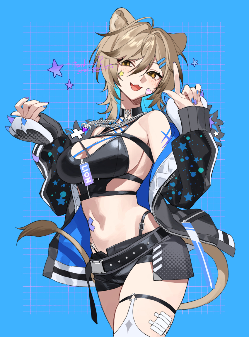 1girl :3 absurdres ahoge animal_ears bare_shoulders black_choker black_jacket black_shirt black_shorts blonde_hair breasts brown_eyes choker cleavage colored_inner_hair cowboy_shot crop_top hands_up hazumi_aileen highleg highres indie_virtual_youtuber jacket jewelry large_breasts lion_ears lion_girl lion_tail long_sleeves looking_at_viewer medium_hair midriff mole mole_on_breast multicolored_hair nail_polish navel necklace off_shoulder open_clothes open_jacket open_mouth panty_straps shirt short_shorts shorts sideless_shirt skindentation sleeveless sleeveless_shirt smile solo standing stomach tail temu_(tem27) thigh_strap thighs virtual_youtuber