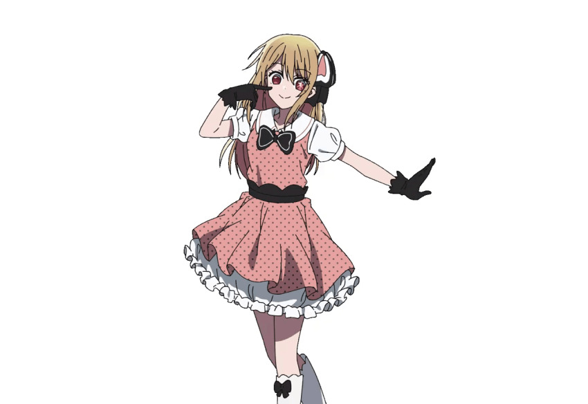 3girls absurdres animated animated_gif apron apron_lift aqua_eyes arima_kana ascot ascot_between_breasts b-komachi_(new) black_bow black_gloves black_horns black_ribbon black_shoes blonde_hair bob_cut boots bow breasts closed_eyes clothes_lift demon_horns detached_sleeves dot_nose dress elbow_gloves fake_horns female_focus gloves hair_bow hat hat_ribbon highres horns hoshino_ruby inverted_bob knee_up kneehighs legs long_glove long_hair looking_at_viewer mem-cho miniskirt multiple_girls one_leg_raised open_mouth orange_bow orange_sleeves oshi_no_ko pink_dress pink_hair pink_skirt polka_dot polka_dot_dress polka_dot_skirt pop_in_2 puffy_detached_sleeves puffy_short_sleeves puffy_sleeves red_eyes red_gloves red_hair red_shorts ribbon shoes short_hair short_sleeves shorts sidelocks simple_background skirt small_breasts smile socks star-shaped_pupils star_(symbol) star_in_eye symbol-shaped_pupils symbol_in_eye thighhighs thighs white_apron white_background white_boots white_dress white_hat white_skirt white_thighhighs yellow_ascot yellow_bow yellow_ribbon zettai_ryouiki