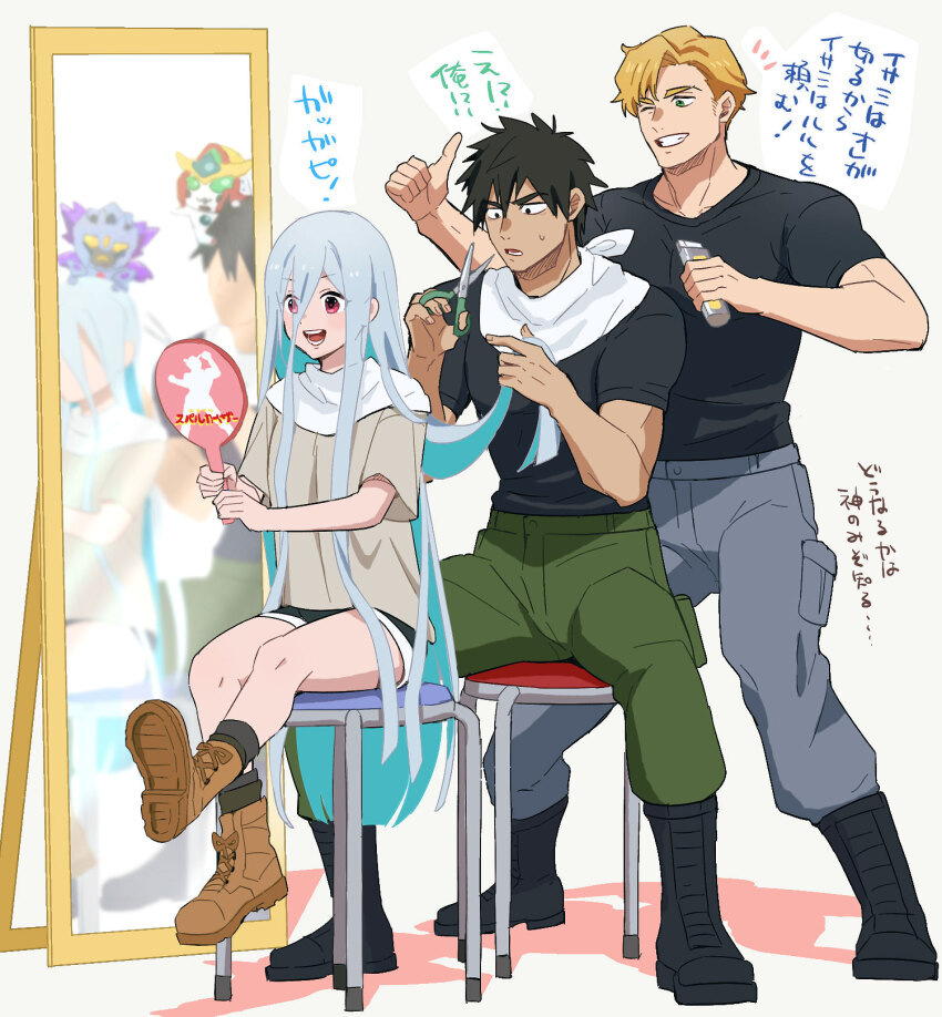 1girl 2boys ao_isami barber barber_cape black_hair blonde_hair bravern chibi cutting_another&#039;s_hair cutting_hair electric_razor facial_hair highres holding holding_scissors lewis_smith long_hair lulu_(bang_bravern) military military_uniform mirror multiple_boys muscular muscular_male open_mouth razor red_eyes rsuhima scissors shirt short_hair short_sleeves sideburns_stubble smile stubble superbia_(bravern) t-shirt thick_eyebrows white_hair yuuki_bakuhatsu_bang_bravern