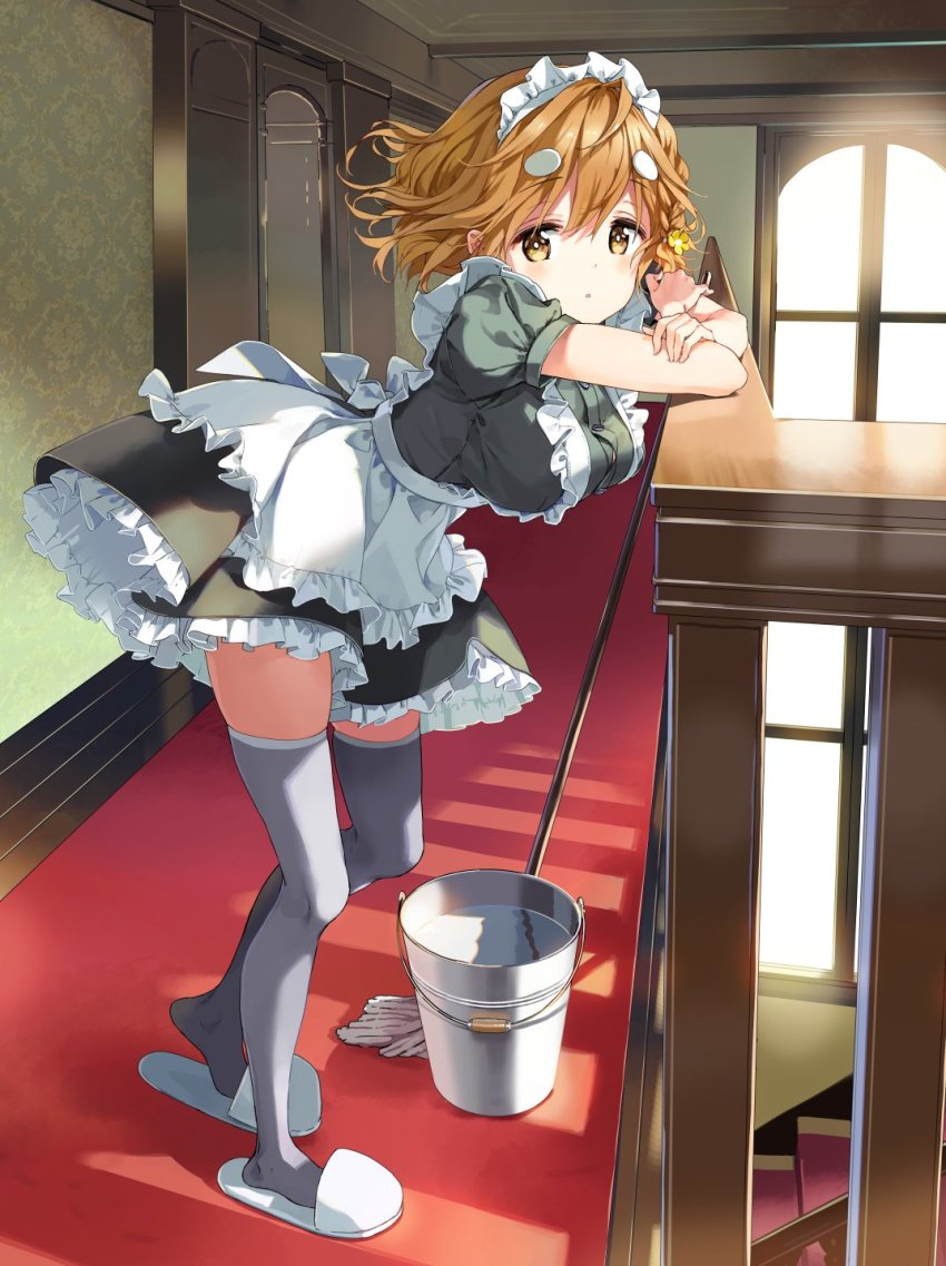 10s 1girl black_thighhighs braid breasts brown_eyes brown_hair bucket bucket_of_water female_focus flower hair_flower hair_ornament hairclip highres koiwai_yoshino large_breasts maid maid_headdress masamune-kun_no_revenge mop official_art pleated_skirt short_hair side_braid sitting skirt slippers solo thighhighs tiv zettai_ryouiki