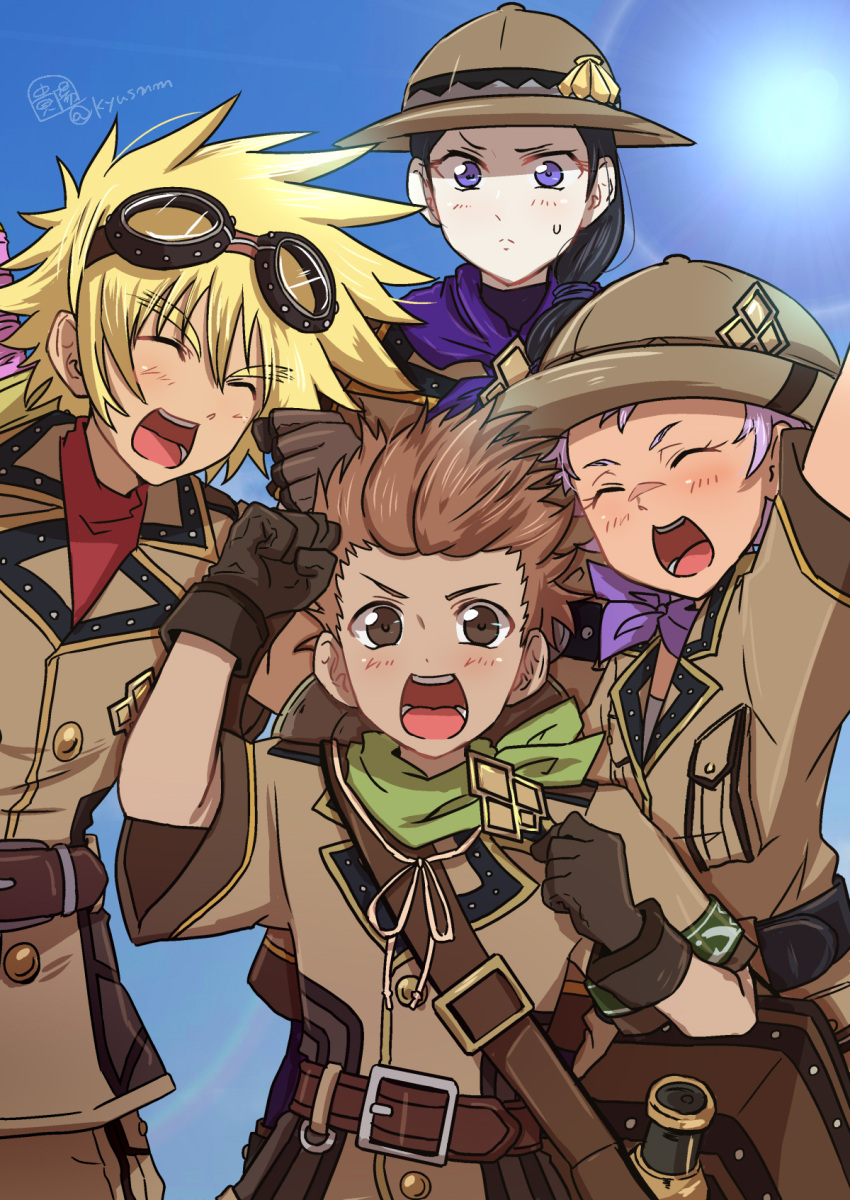 1girl 3boys arm_up bag belt black_belt blonde_hair blush brooch brown_belt brown_eyes brown_gloves brown_hair brown_hat brown_jacket brown_pants clenched_hands closed_eyes forked_eyebrows gloves goggles goggles_on_head green_neckerchief hat hermana_larmo highres jacket jay_(tales) jewelry karol_capel kiyou_sumomo kyle_dunamis long_hair low_ponytail multiple_boys neckerchief official_alternate_costume open_mouth pants ponytail porkpie_hat purple_eyes purple_hair purple_neckerchief red_shirt safari_hat scar scar_on_face scar_on_nose shirt short_hair short_sleeves shoulder_bag smile spiked_hair sword sword_on_back tales_of_(series) tales_of_asteria tales_of_destiny tales_of_destiny_2 tales_of_innocence tales_of_legendia tales_of_vesperia thick_eyebrows weapon weapon_on_back