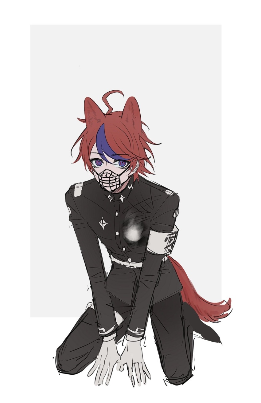 1boy ahoge animal_ears armband black_pants black_shirt black_shoes blue_eyes blue_hair cat_boy cat_ears cat_tail closed_mouth gloves hair_between_eyes highres last_defense_academy_school_uniform looking_at_viewer male_focus messy_hair multicolored_eyes multicolored_hair muzzle_(mask) pants red_eyes red_hair shirt shoes simple_background solo solo_focus sumino_takumi tail the_hundred_line_-last_defense_academy- white_background white_gloves