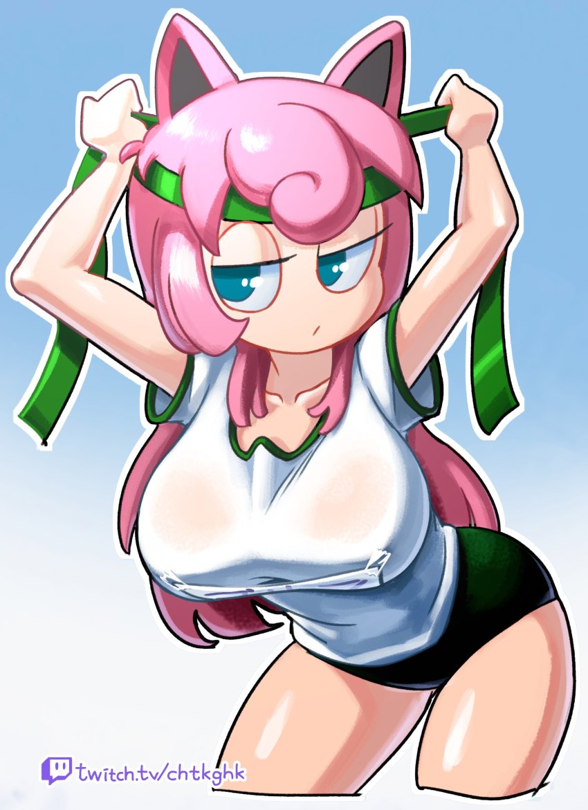 1girl absurdres animal_ears blue_background blue_eyes blue_sky breasts buruma cosplay frown gen_1_pokemon gradient_background green_buruma green_headband green_headwear gym_uniform hair_between_eyes half-closed_eyes hand_on_headwear headband highres hungrybox jigglypuff jigglypuff_(cosplay) large_breasts leaning_forward long_hair looking_up minuspal name_tag nintendo pink_hair pokemon ribbon shirt short_sleeves shorts simple_background sky super_smash_bros. thighs twitch.tv twitch_logo upper_body watermark web_address white_background white_shirt