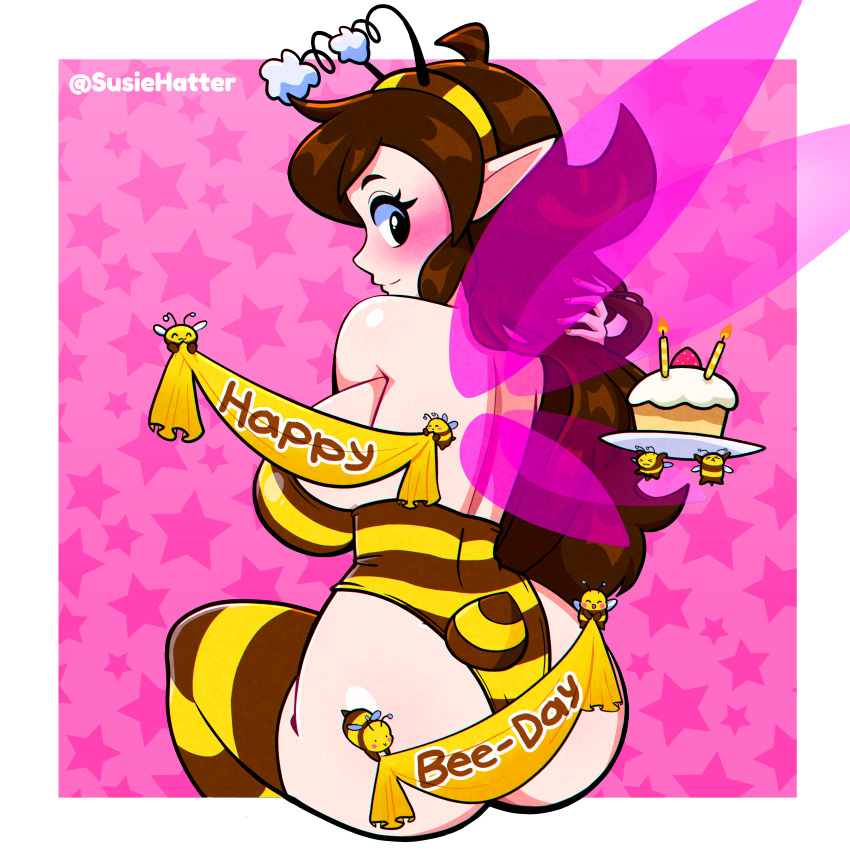 1girl absurdres arthropod_girl artist_name ass back bee bee_costume bee_girl bee_hair_ornament bee_tail bee_wings birthday black_eyes blush breast_press breasts brown_hair bug cupcake dimples_of_venus food happy_birthday highres holding holding_plate insect insect_girl insect_wings leotard long_hair looking_at_viewer original plate pointy_ears shiny_skin sideboob simple_background sitting solo stinger strapless strapless_leotard striped_clothes striped_leotard striped_thighhighs susie_(susiehatter) susie_hatter thighhighs twitter_username wavy_hair