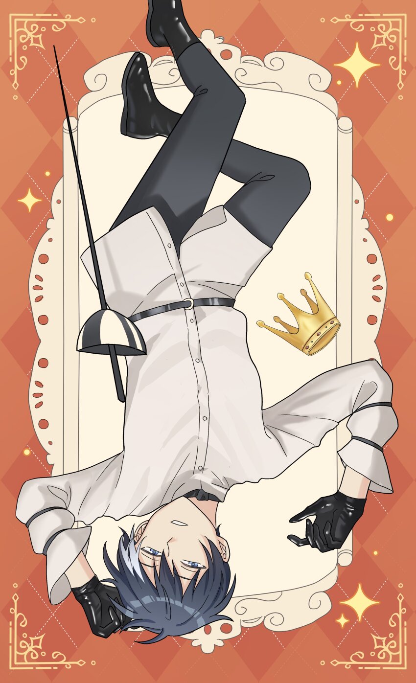 1boy absurdres alternate_costume bad_link black_gloves black_hair black_pants black_shoes blue_eyes crown gloves highres licht_jekylland_todoroki male_focus multicolored_hair pants servamp shoes short_hair sparkle sword two-tone_hair uruzuy weapon white_hair