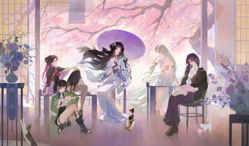 5girls absurdres animal animal_on_lap artist_glove backless_dress backless_outfit ball bare_legs barefoot black_footwear black_gloves black_hair black_hairband black_haori black_shawl book boots calico_cat cat cat_on_lap chair cherry_blossoms chinese_commentary cleaning cleaning_weapon commentary coquelic_(path_to_nowhere) dagger detached_sleeves dress earrings falling_petals fishnet_thighhighs fishnets floral_print floral_print_kimono flower garofano_(path_to_nowhere) gekkabijin_(path_to_nowhere) gloves gradient_hair green_haori grey_cat hair_flower hair_ornament hairband haori highres hime_cut hobble_skirt holding holding_book holding_cloth holding_dagger holding_knife holding_umbrella holding_weapon indoors japanese_clothes jewelry kimono knife laughing leather_footwear long_hair long_skirt luori_dianxin median_furrow multicolored_hair multiple_girls oil-paper_umbrella on_chair on_lap path_to_nowhere petals pink_hair plant potted_plant print_kimono purple_eyes purple_hair purple_skirt quad_braids reading red_eyes red_flower shawl shirt shoulder_blades shuriken_hair_ornament single_bare_shoulder single_off_shoulder single_thighhigh sitting skirt sumire_(path_to_nowhere) tabi thighhighs thistle_(path_to_nowhere) tree two-sided_fabric umbrella vase very_long_hair weapon white_cat white_dress white_hair white_kimono white_shirt white_sleeves window_blinds wooden_floor yawning