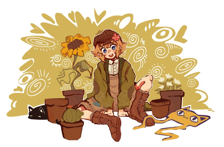 1boy agfgoth_3 basil_(birthday)_(omori) basil_(faraway)_(omori) basil_(omori) big_yellow_cat_(omori) blonde_hair blue_eyes blush boots bright_pupils brown_boots cactus cat flower green_sweater highres knee_up lace-up_boots long_sleeves looking_at_viewer male_focus mewo official_alternate_costume omori open_mouth plant potted_plant short_hair sitting smile solo sunflower sweater teeth upper_teeth_only white_pupils
