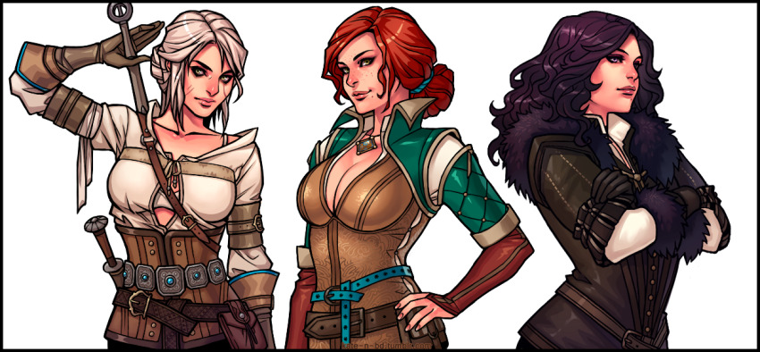 3girls black_eyeliner black_gloves black_hair black_jacket breasts ciri cleavage_cutout clothing_cutout crossed_arms eyeliner facial_scar gloves hair_tie hand_on_own_hip jacket kasia_nie large_breasts long_sleeves makeup medium_breasts mole mole_under_mouth multiple_girls red_hair scar scar_on_cheek scar_on_face sheath sheathed sleeves_past_wrists smile sword sword_on_back the_witcher_(series) the_witcher_3 third-party_source triss_merigold wavy_hair weapon weapon_on_back white_hair yennefer_of_vengerberg