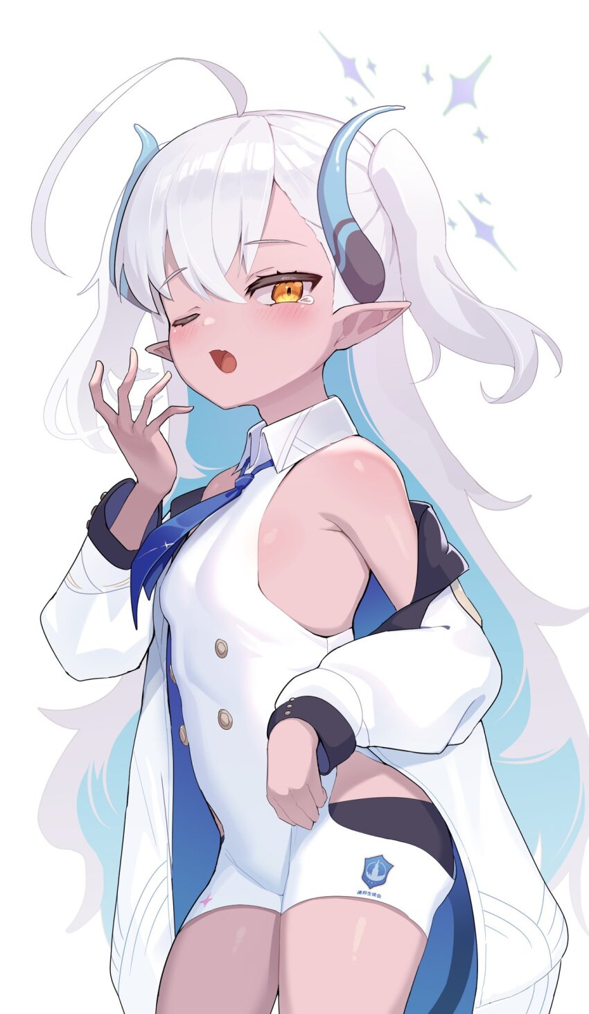 1girl ahoge black_horns blue_archive blue_hair blue_horns blue_necktie blush bodysuit breasts buttons collared_shirt colored_inner_hair commentary cowboy_shot dark-skinned_female dark_skin hair_between_eyes halo hand_up highres horns jacket jacket_partially_removed long_hair looking_at_viewer multicolored_hair multicolored_horns necktie one_eye_closed open_mouth orange_eyes pointy_ears shirt simple_background sleeveless sleeveless_bodysuit small_breasts solo sumomo_(blue_archive) tearing_up two-tone_hair two-tone_horns two_side_up unizou white_background white_bodysuit white_hair white_jacket yawning