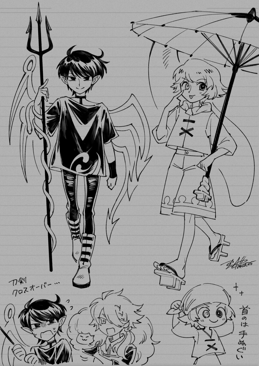 2boys asymmetrical_wings genderswap genderswap_(ftm) geta heterochromia highres hood hoodie houjuu_nue monochrome multiple_boys polearm shikido_(khf) shirt short_hair shorts signature smile t-shirt tatara_kogasa tongue tongue_out touhou traditional_media translation_request trident umbrella walking weapon wings