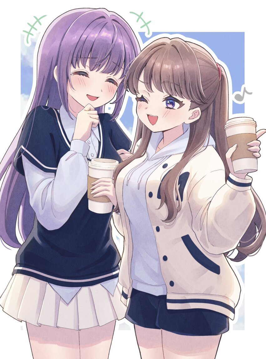 2girls :d ;d ^_^ black_shorts black_sweater blue_background blue_sky blush border breasts brown_hair closed_eyes cloud collarbone collared_shirt commentary cowboy_shot cup disposable_coffee_cup disposable_cup dress_shirt fujishima_megumi highres hiyori_(20hiyori727) holding holding_cup hood hoodie jacket large_breasts laughing letterman_jacket link!_like!_love_live! long_hair long_sleeves love_live! miniskirt multiple_girls official_alternate_costume one_eye_closed open_clothes open_jacket open_mouth otomune_kozue outline outside_border pleated_skirt puffy_long_sleeves puffy_sleeves purple_eyes purple_hair raised_eyebrow raised_inner_eyebrows shirt short-sleeved_sweater short_shorts short_sleeves shorts sidelocks simple_background skirt sky smile standing sweater two_side_up untucked_shirt virtual_youtuber white_border white_hoodie white_outline white_shirt white_skirt