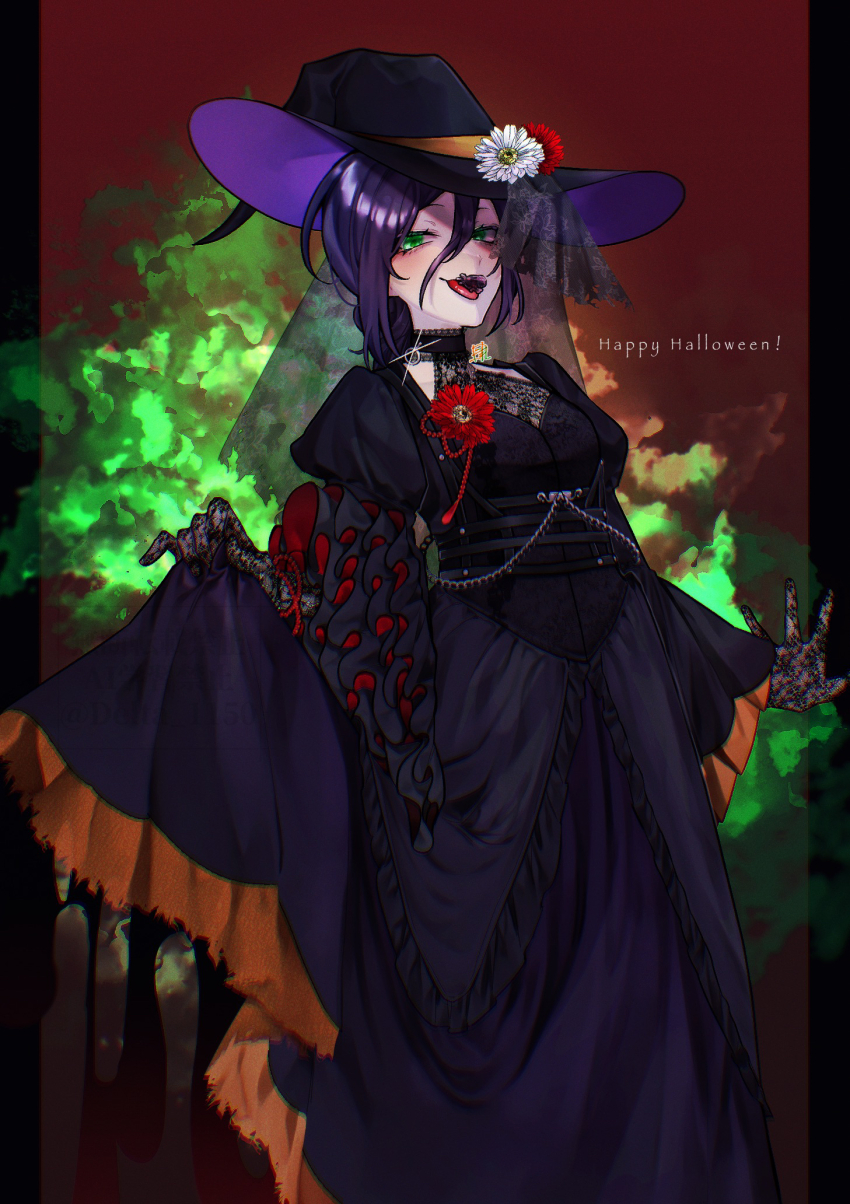 1girl black_dress black_hat chainsaw_man clothes_lift dress dress_lift flower gloves green_eyes hair_between_eyes hat hat_flower highres lace lace_gloves looking_at_viewer niki_(pixiv6116203) purple_hair red_flower reze_(chainsaw_man) solo tongue tongue_out white_flower witch_hat