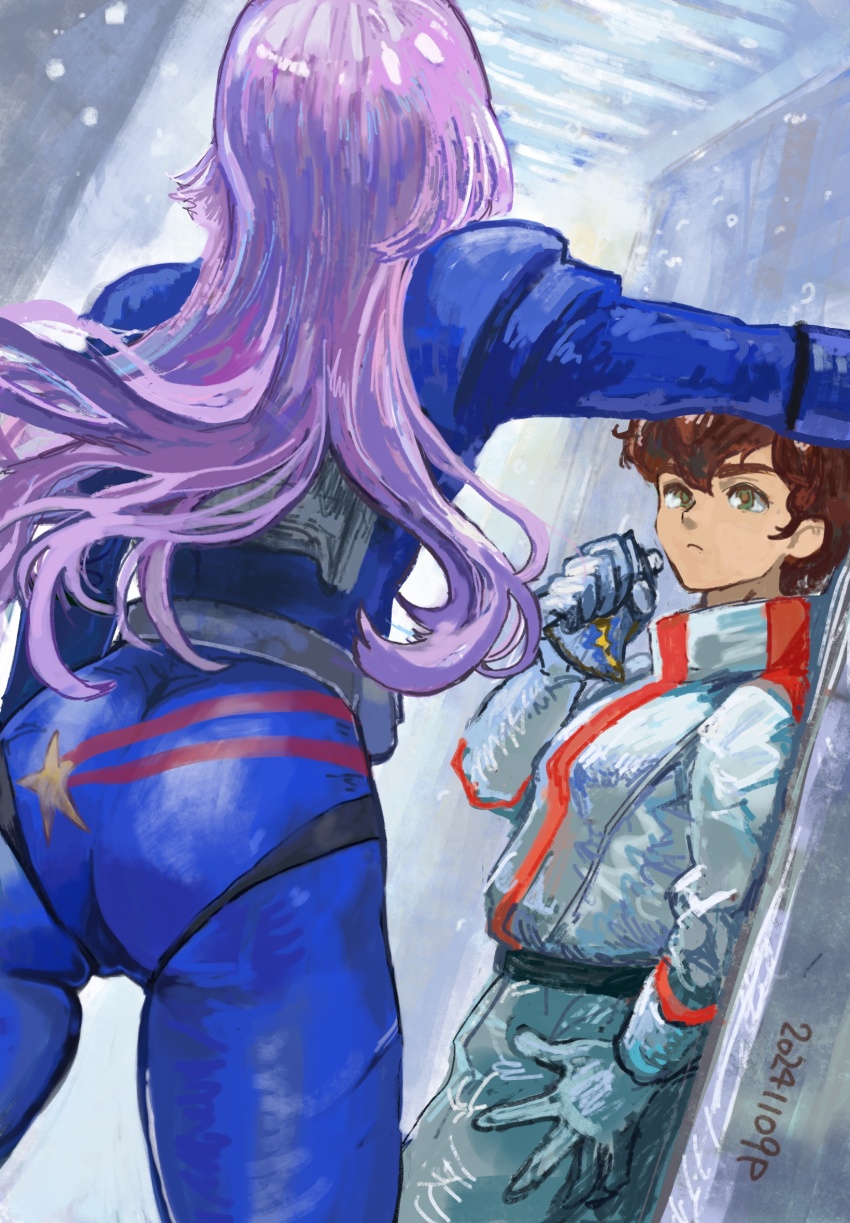 1boy 1girl arm_at_side ass blue_bodysuit bodysuit brown_hair closed_mouth cowboy_shot dated floating_hair from_behind gloves green_eyes gundam gundam_zz hair_between_eyes highres holding judau_ashta long_hair looking_at_another mecha_pilot_suit normal_suit_(gundam) okrdisk2000 outstretched_arm purple_hair roux_louka short_hair skin_tight solo_focus spacesuit standing star_(symbol) very_long_hair white_bodysuit white_gloves