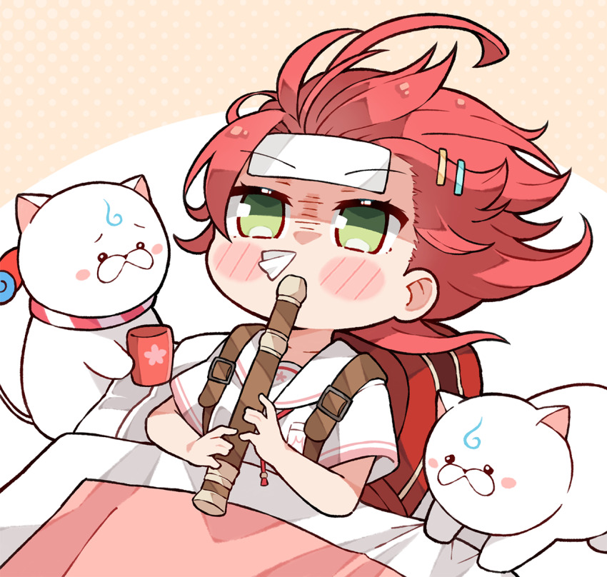 1girl 35p_(sakura_miko) backpack bag blush_stickers chibi cold_pack empty_eyes flute futon green_eyes hair_ornament hairclip highres holding holding_flute holding_instrument hololive instrument jitome kukie-nyan kyoufuu_all_back_(vocaloid) official_alternate_costume recorder red_bag red_hair sailor_collar sakura_miko sakura_miko_(school_uniform) school_uniform shirt short_sleeves sick solo virtual_youtuber white_sailor_collar white_shirt