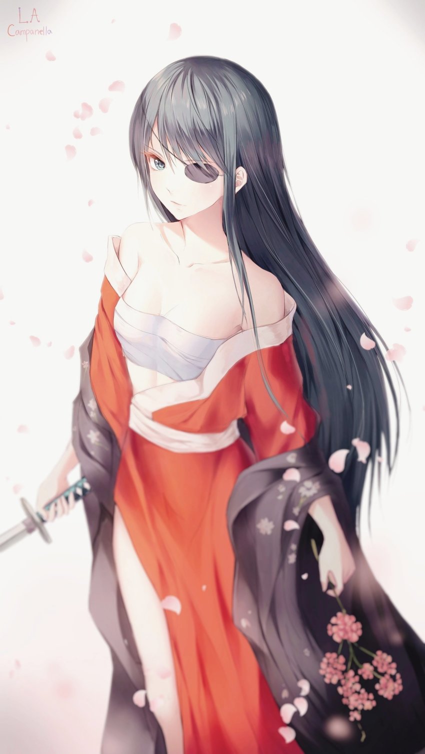 1girl artist_name bare_shoulders black_eyes black_hair breasts closed_mouth collarbone commentary_request eyepatch female_focus gintama hair_between_eyes highres holding holding_sword holding_weapon japanese_clothes katana kimono la_campanella long_hair looking_at_viewer open_clothes petals sarashi small_breasts solo standing sword weapon yagyuu_kyuubei