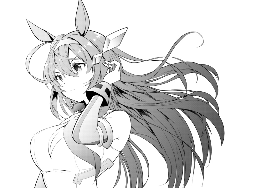 1girl ahoge animal_ears bare_shoulders breasts cleavage cleavage_cutout clothing_cutout commentary detached_sleeves determined double-parted_bangs floating_hair greyscale hahe hair_between_eyes hairband highres horse_ears impossible_clothes impossible_leotard large_breasts leotard long_hair mihono_bourbon_(umamusume) monochrome sleeveless solo tight_clothes tucking_hair umamusume upper_body v-shaped_eyebrows wind