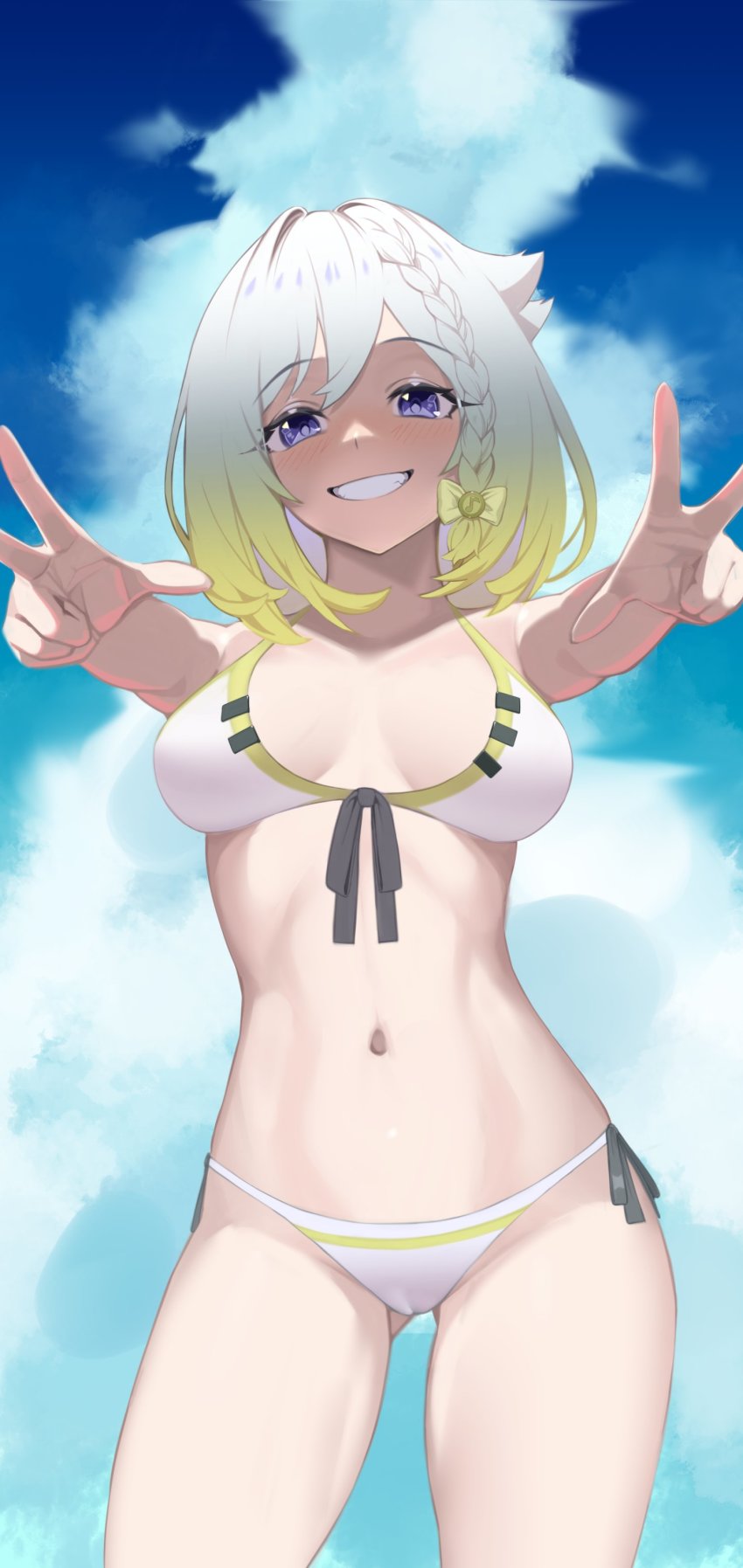 1girl absurdres bad_id bad_twitter_id bikini blue_sky bow braid cloud double_w female_focus gradient_hair green_hair grey_hair grin hair_ribbon halterneck highres komadera multicolored_hair navel purple_eyes ribbon side-tie_bikini_bottom sky smile solo string_bikini swimsuit teeth virtual_youtuber w white_bikini yuni_(yuni_channel) yuni_channel