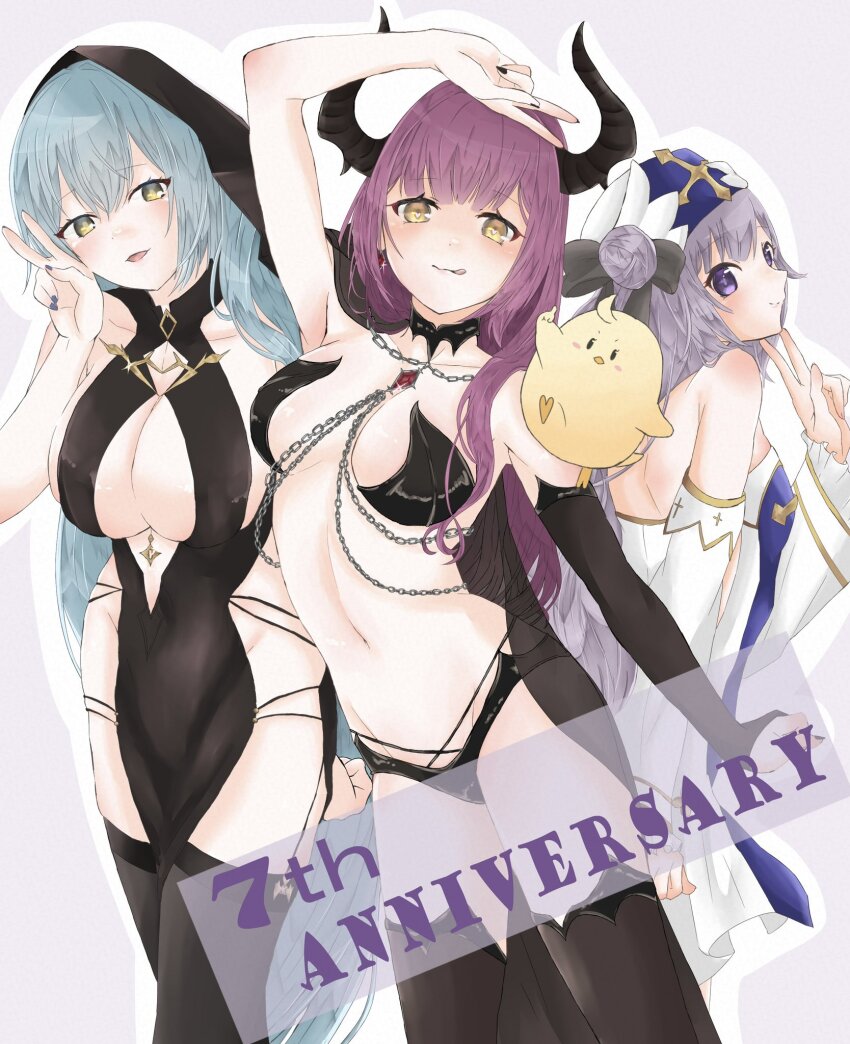 3girls arkhangelsk_(azur_lane) arkhangelsk_(supporting_sorceress)_(azur_lane) arm_up armpits azur_lane black_hood black_nails black_thighhighs blue_hair blue_nails breasts chain demon_horns devonshire_(azur_lane) devonshire_(sadistic_demon)_(azur_lane) earrings gem groin heart heart-shaped_pupils highres horns jewelry large_breasts licking_lips long_hair looking_at_viewer manjuu_(azur_lane) multiple_girls navel official_alternate_costume parted_lips purple_eyes purple_hair ruto5 stomach symbol-shaped_pupils thighhighs tongue tongue_out unicorn_(azur_lane) unicorn_(snow_white_guardian_angel)_(azur_lane) v yellow_eyes