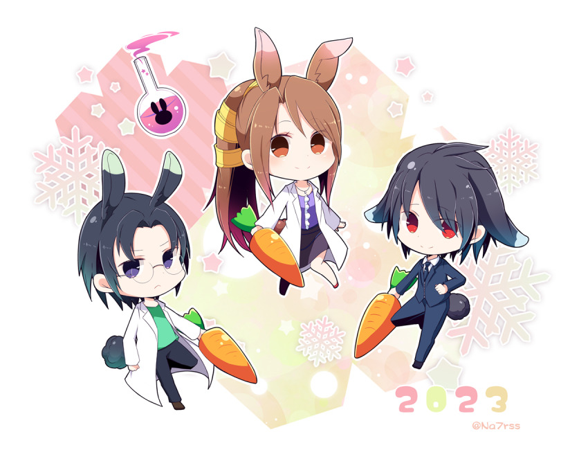 1girl 2023 2boys animal_ears beaker black_hair black_jacket black_necktie black_pants black_skirt black_suit brown_eyes brown_hair carrot chibi chinese_zodiac closed_mouth collared_shirt final_fantasy final_fantasy_vii formal_clothes frilled_shirt frills frown glasses green_shirt grey_eyes hair_between_eyes hair_ribbon holding holding_carrot jacket jewelry lab_coat lucrecia_crescent multiple_boys nanao_(zonzonsh) necklace necktie pants parted_bangs ponytail professor_houjou purple_shirt rabbit_boy rabbit_ears rabbit_girl rabbit_tail red_eyes ribbon shirt skirt smile snowflake_background suit suit_jacket tail tie_clip twintails twitter_username vincent_valentine white_jacket white_shirt year_of_the_rabbit yellow_ribbon