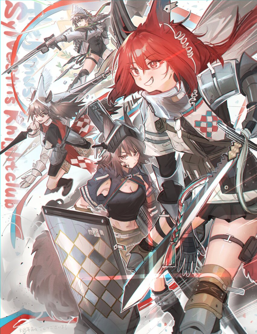 4girls absurdres animal_ears arknights armor ashlock_(arknights) ashlock_(elite_ii)_(arknights) black_cape black_shorts bow_(weapon) breasts bright_pupils brown_eyes brown_hair cape cleavage crossbow earpiece fartooth_(arknights) feather_hair flametail_(arknights) gauntlets grey_hair grin hair_between_eyes high-waist_shorts highres holding holding_crossbow holding_shield holding_sword holding_weapon horse_ears horse_girl kaguura_(kagu) long_hair material_growth medium_breasts multiple_girls open_mouth oripathy_lesion_(arknights) pleated_skirt red_eyes red_hair shield shirt shorts skirt small_breasts smile squirrel_ears squirrel_girl squirrel_tail sword tail v-shaped_eyebrows weapon white_pupils white_shirt wild_mane_(arknights)