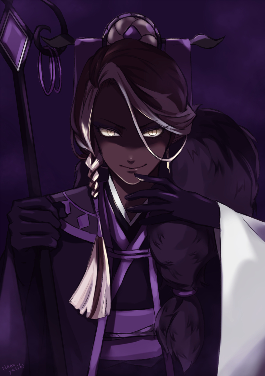 1boy affogato_cookie braid brown_hair cookie_run dark-skinned_male dark_skin gloves grey_eyes hair_ornament highres holding holding_staff humanization male_focus multicolored_hair nekoyasiki33 personification ponytail robe smile solo staff streaked_hair thighhighs yellow_eyes
