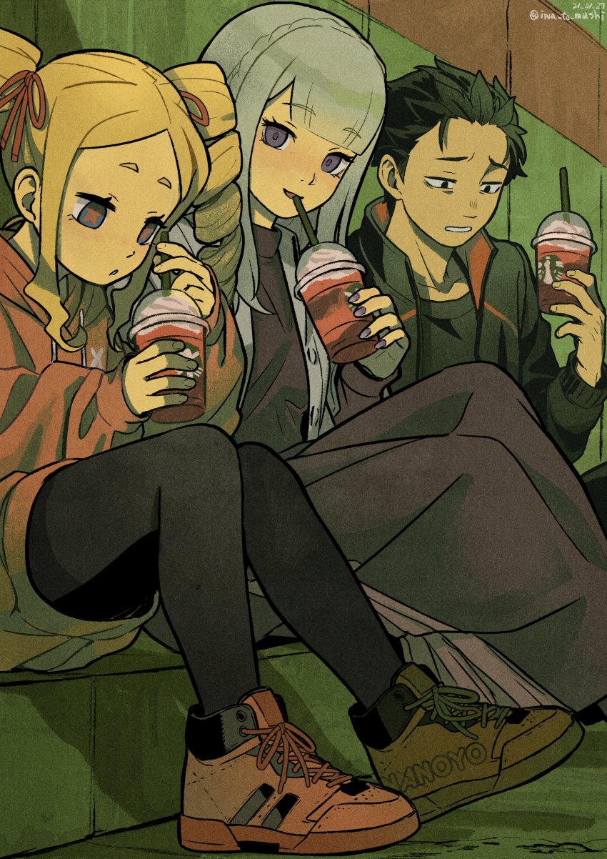 1boy 2girls absurdres alternate_costume beatrice_(re:zero) black_hair black_jacket black_legwear black_shirt blonde_hair blue_eyes blunt_bangs butterfly-shaped_pupils commentary_request contemporary cup dated disposable_cup dress drinking drinking_straw emilia_(re:zero) highres iwamushi jacket long_dress long_sleeves multiple_girls nail_polish natsuki_subaru purple_dress purple_eyes purple_nails re:zero_kara_hajimeru_isekai_seikatsu red_footwear red_pupils red_sweater shirt shoelaces shoes short_hair silver_hair sitting slushie sneakers sweater symbol-shaped_pupils twintails twitter_username watermark