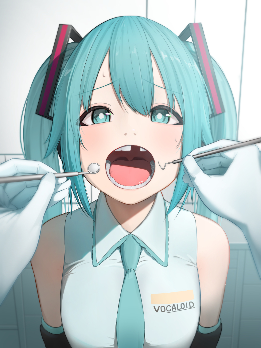 1girl 1other absurdres aqua_bow aqua_bowtie aqua_eyes aqua_hair bananafish1111 bow bowtie commentary_request copyright_name detached_sleeves from_above frown gloves hair_ornament hatsune_miku highres indoors latex latex_gloves long_hair looking_at_viewer missing_tooth open_mouth pov pov_hands shirt sleeveless sleeveless_shirt sweat teeth throat tongue twintails upper_body vocaloid white_gloves