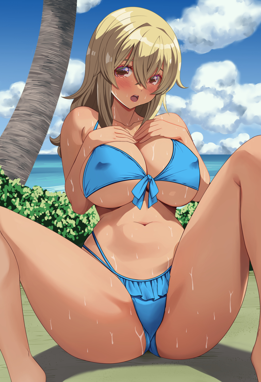 1girl absurdres akihiro0920 alternate_breast_size bikini black_skirt blonde_hair blue_bikini blue_sky blush breasts brown_eyes cloud cloudy_sky commentary_request covered_erect_nipples front-tie_bikini_top front-tie_top hair_between_eyes hands_on_own_chest higa_kana highres large_breasts long_hair looking_at_viewer navel okinawa_de_suki_ni_natta_ko_ga_hougen_sugite_tsurasugiru open_mouth outdoors sitting skirt sky solo spread_legs sweat swimsuit tan