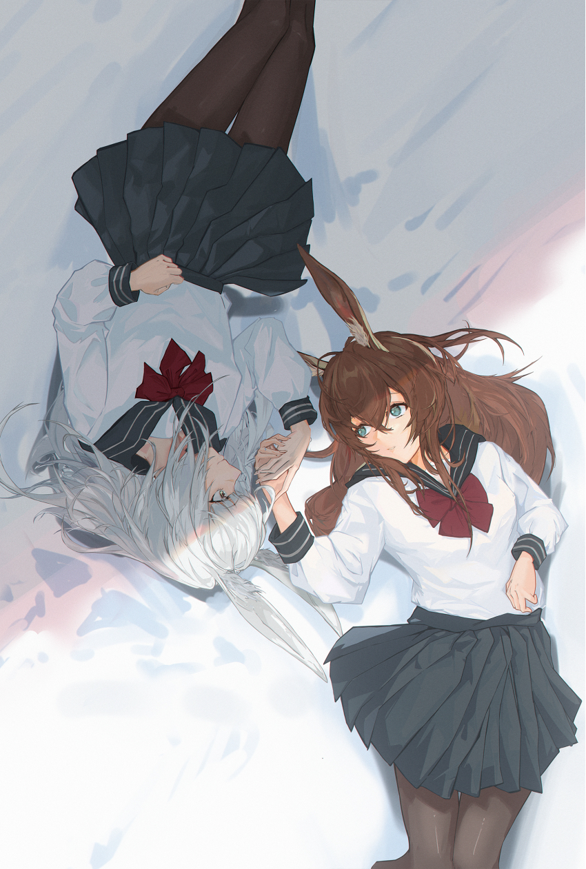 2girls absurdres amiya_(arknights) animal_ear_fluff animal_ears arknights black_pantyhose black_sailor_collar black_skirt blue_eyes bow bowtie brown_hair from_above frostnova_(arknights) hashtag-only_commentary highres holding_hands lying multiple_girls on_back pantyhose pleated_skirt rabbit_ears red_bow red_bowtie sailor_collar school_uniform serafuku shio_sakana shirt skirt white_hair white_shirt