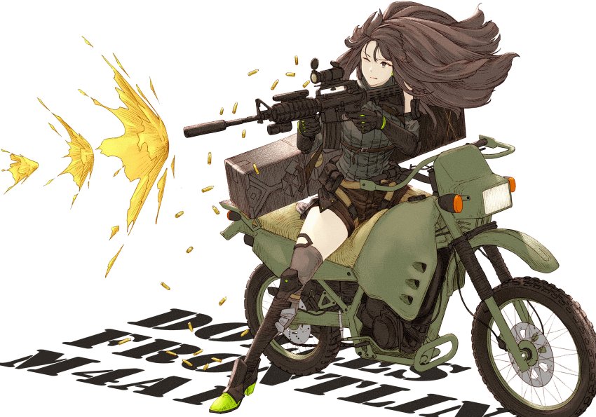 1214_goldfische 1girl absurdres aiming assault_rifle belt black_boots black_gloves black_shorts boots brown_eyes brown_hair commentary_request english_text firing full_body girls&#039;_frontline gloves grey_shirt grey_thighhighs gun hair_between_eyes highres holding holding_gun holding_weapon knee_pads long_hair long_sleeves m4_carbine m4a1_(girls&#039;_frontline) m4a1_(mod3)_(girls&#039;_frontline) mod3_(girls&#039;_frontline) motor_vehicle motorcycle one_eye_closed pouch rifle scope shells shirt short_shorts shorts simple_background sitting solo strap striped_clothes striped_shirt suitcase suppressor thighhighs weapon white_background