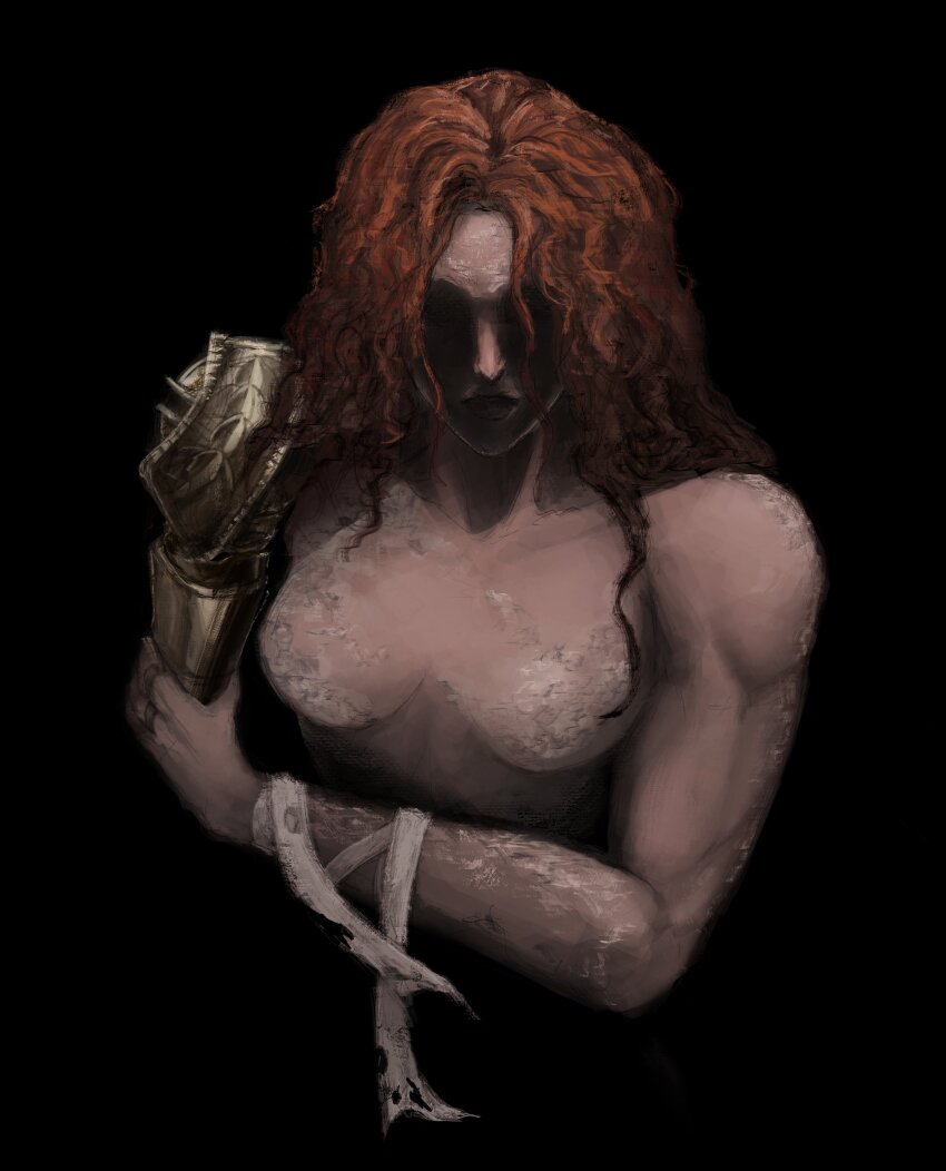 1girl absurdres amputee armor black_background black_theme closed_mouth commentary elden_ring elden_ring:_shadow_of_the_erdtree english_commentary gold_armor highres holding holding_own_arm long_hair malenia_blade_of_miquella partially_shaded_face prosthesis prosthetic_arm red_hair satsu-strive simple_background solo tape topless_female
