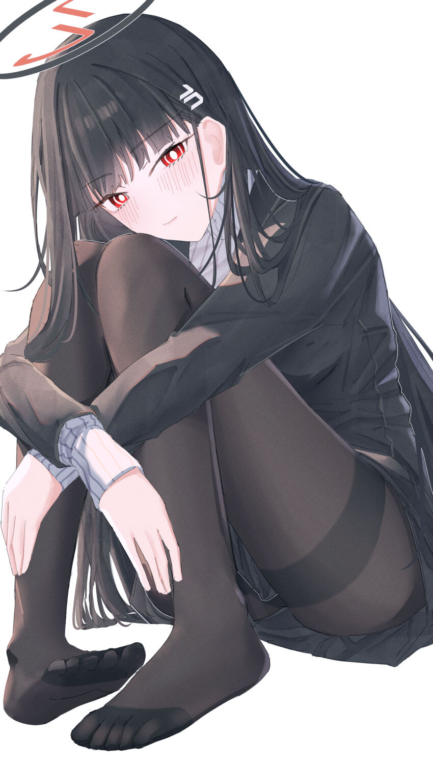 1girl absurdres black_hair black_pantyhose blazer blue_archive blush bright_pupils hair_ornament hairclip halo highres jacket leonardo_566 long_hair looking_at_viewer pantyhose red_eyes ribbed_sweater ringed_eyes rio_(blue_archive) simple_background smile solo sweater thighband_pantyhose turtleneck turtleneck_sweater white_background white_pupils white_sweater
