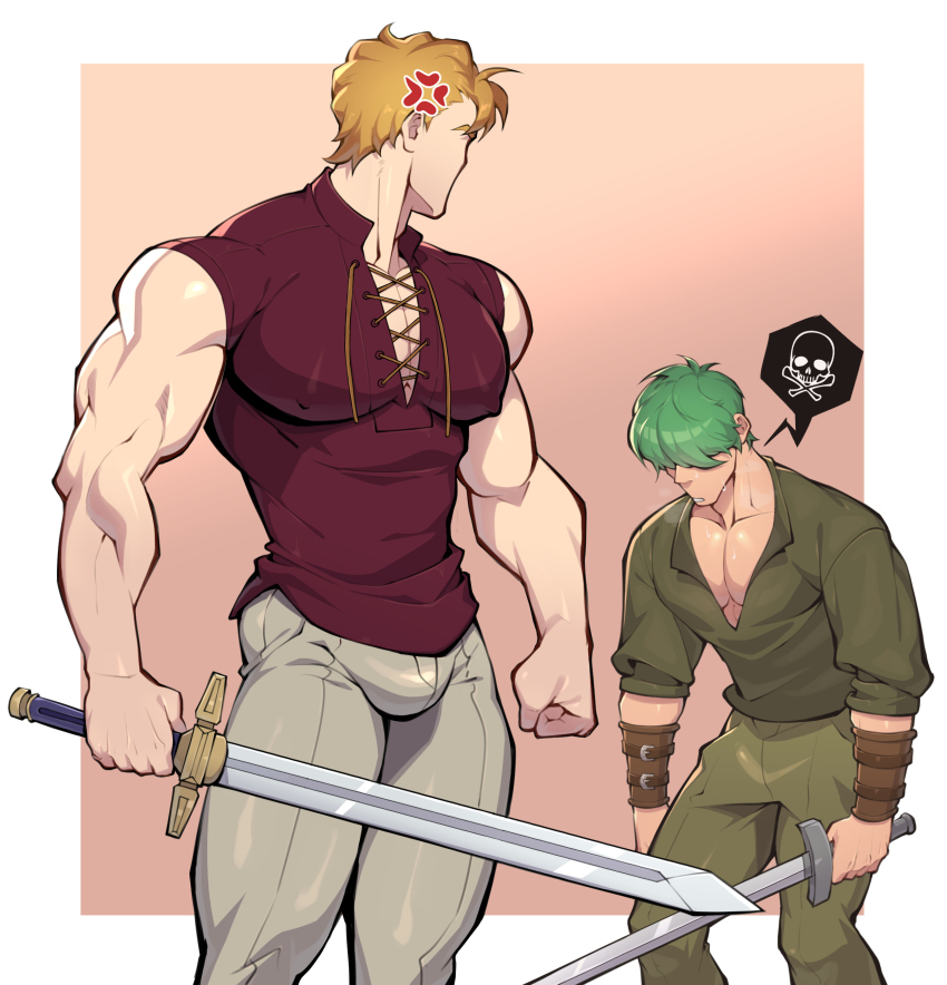 2boys absurdres anger_vein bara blonde_hair bracer bulge commentary commission covered_erect_nipples cross-laced_clothes cross-laced_top fire_emblem fire_emblem:_the_blazing_blade green_hair harken_(fire_emblem) highres holding holding_sword holding_weapon image_in_speech_bubble impossible_clothes impossible_shirt large_pectorals lowen_(fire_emblem) male_focus multiple_boys muscular muscular_male muto20002 nintendo pectoral_cleavage pectorals shirt short_hair simple_background skull_and_crossbones sword weapon
