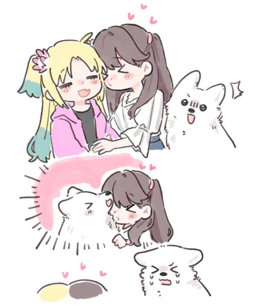&gt;_&lt; 2girls :d =_= basil_(wgh0anzdple3asf) black_shirt blonde_hair blue_hair brown_hair closed_eyes colored_tips commentary_request crying dog fang flower fujishima_megumi fujishima_megumi_(summer_casual) german_shepherd hair_flower hair_ornament harino_(love_live!) heart highres hood hooded_jacket jacket korean_commentary link!_like!_love_live! long_sleeves looking_at_another love_live! mira-cra_park! multicolored_hair multiple_girls official_alternate_costume open_clothes open_jacket open_mouth osawa_rurino pink_flower puckered_lips shirt skin_fang smile twintails two_side_up virtual_youtuber white_dog yuri