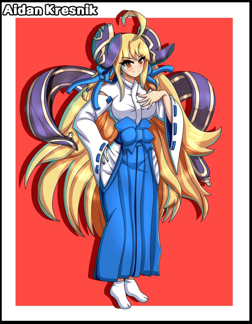 1girl ahoge aidan_kresnik artist_name blonde_hair blue_ribbon blush breasts corruption cygames dark_persona dragalia_lost english_text hair_ribbon hand_on_own_chest highres japanese_clothes large_breasts long_hair long_sleeves looking_at_viewer md5_mismatch miko morsayati nintendo possessed possession red_background red_eyes resolution_mismatch ribbon shadow smile socks solo source_larger zethia