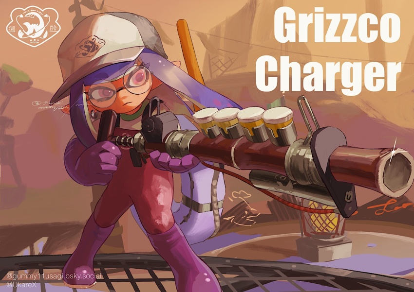 1girl baseball_cap black-framed_eyewear bluesky_username boots closed_mouth commentary earrings foot_out_of_frame glasses gloves grey_hat grizzco_charger_(splatoon) hat holding holding_weapon hoop_earrings inkling_girl inkling_player_character jewelry lifebuoy long_hair nintendo overalls pink_eyes pink_overalls pointy_ears purple_boots purple_gloves purple_hair round_eyewear rubber_boots rubber_gloves salmon_run_(splatoon) shirt smile solo splatoon_(series) splatoon_3 standing swim_ring symbol-only_commentary tentacle_hair totocosakana weapon weapon_name white_shirt
