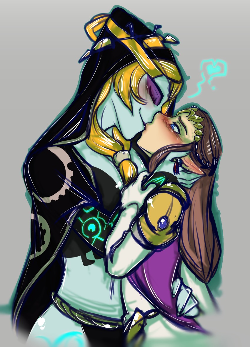 2girls absurdres blue_eyes blue_skin blush brown_hair colored_skin elbow_gloves closed_eyes gloves heart highres hood inuki kiss long_hair midna midna_(true) multiple_girls nintendo orange_hair pointy_ears princess_zelda simple_background the_legend_of_zelda the_legend_of_zelda:_twilight_princess yuri