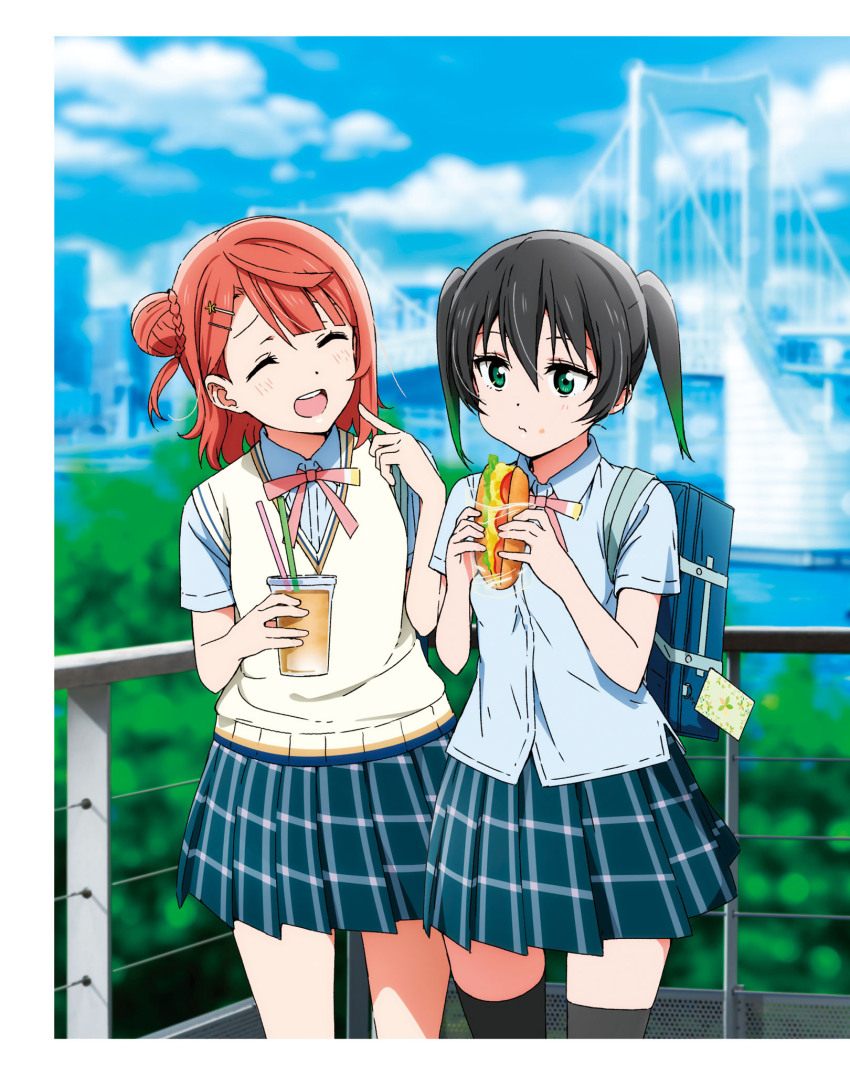 2girls ^_^ artbook bag black_hair black_thighhighs blunt_bangs bow braid braided_bun cheek_poking closed_eyes collared_shirt crepe cup day dress_shirt drinking_straw food gradient_hair green_eyes green_hair hair_between_eyes hair_bun hair_ornament hairclip hairpin highres holding holding_cup holding_food love_live! love_live!_nijigasaki_high_school_idol_club medium_hair multicolored_hair multiple_girls neck_ribbon nijigasaki_school_uniform non-web_source official_art open_mouth outdoors pink_hair plaid_clothes plaid_skirt pleated_skirt poking railing ribbon sandwich school_uniform shirt short_sleeves single_hair_bun single_side_bun skirt sky smile summer_uniform sweater_vest swept_bangs takasaki_yu thighhighs twintails two-tone_hair uehara_ayumu white_shirt