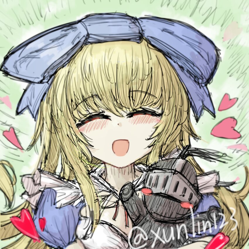 1girl ^_^ absurdres alice_(black_souls) black_souls blonde_hair blue_bow blush bow breasts character_doll chinese_commentary closed_eyes commentary_request doll facing_viewer green_background grimm_(black_souls) hair_bow heart highres large_breasts long_hair neck_ribbon open_mouth puffy_short_sleeves puffy_sleeves ribbon short_sleeves smile solo twitter_username upper_body xun_lin_(pixiv_93392103)