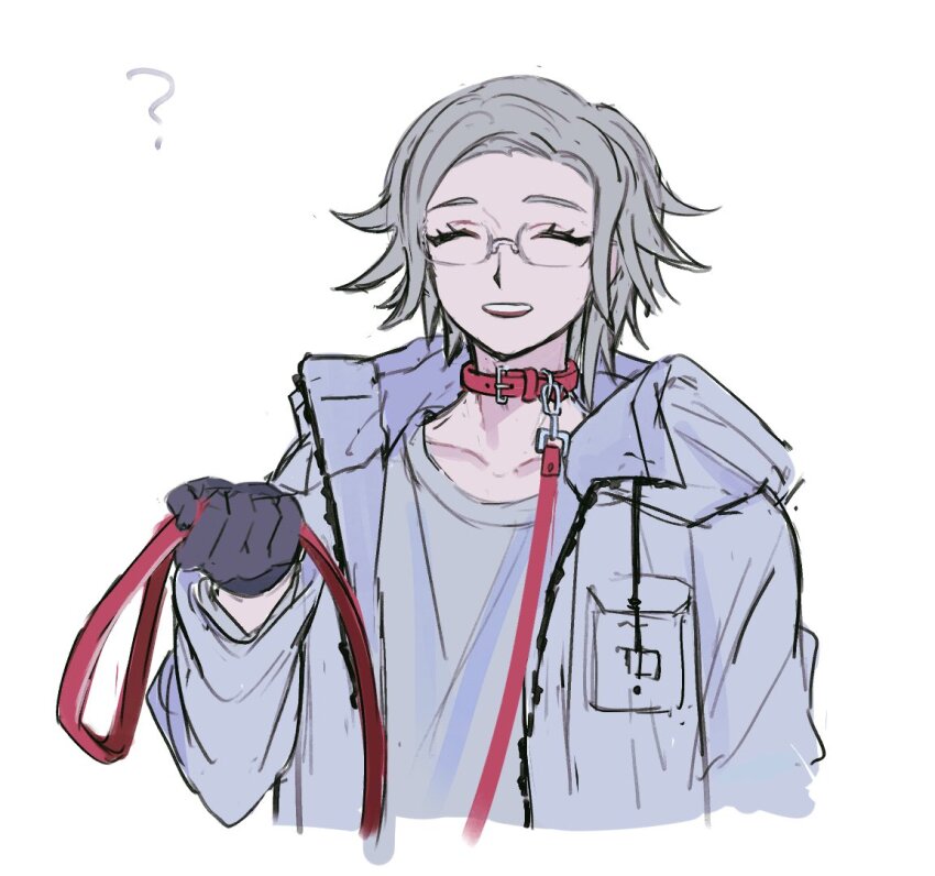 1boy ? aotsuki_eito black_gloves closed_eyes collar collarbone eyelashes glasses gloves grey_hair hand_up holding holding_leash holding_own_leash jacket leash long_sleeves male_focus open_clothes open_jacket open_mouth shirt simple_background solo solo_focus the_hundred_line_-last_defense_academy- upper_body white_background white_jacket white_shirt
