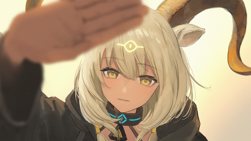 1girl animal_ears arknights beeswax_(arknights) dark-skinned_female dark_skin goat_ears goat_girl goat_horns hair_between_eyes highres horns infection_monitor_(arknights) jacket jfjf long_hair long_sleeves looking_at_viewer open_clothes simple_background solo white_hair yellow_eyes