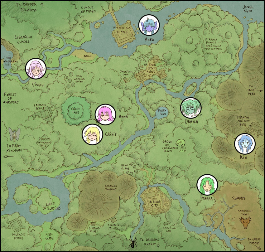6+girls anko_(karbo) anna_(karbo) blonde_hair blue_hair crisis drayla felarya green_hair karbo map multiple_girls pink_hair purple_hair vivian_(karbo)