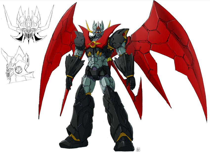 reference_sheet highres looking_at_viewer mazinger_(series) mazinger_z mazinger_z:_infinity mazinkaiser_(robot) mecha mechanical_wings no_humans official_art open_hands robot science_fiction super_robot white_background wings yanase_takayuki yellow_eyes